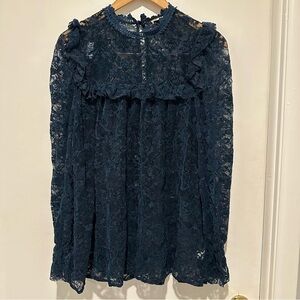 Dark Blue Floral Lace  Blouse Chrysanthemum Boho
Farmhouse High Neck Size‎ S